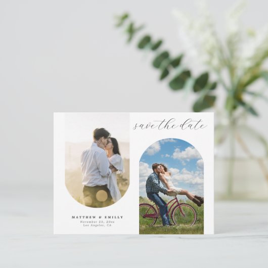 写真モダンコラージュミニマルウェディング日付の保存 ポストカード (スタンド正面)