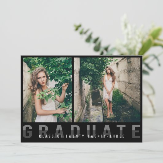 写真モダンコラージュ卒業発表ブラック 案内状 (スタンド正面)