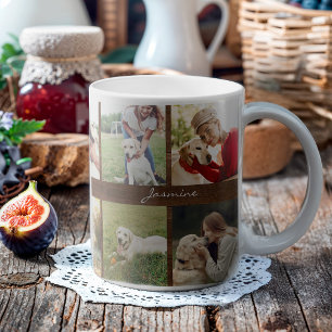 写真モダンコラージュ犬の素朴木材 コーヒーマグカップ