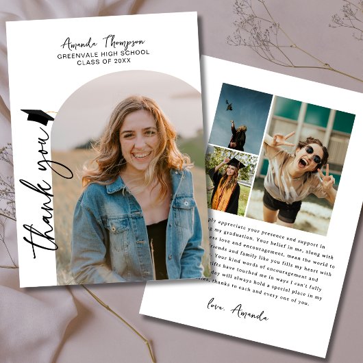 写真モダンコラージュ白黒卒業 サンキューカード