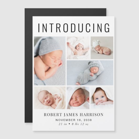 写真モダンコラージュ磁気出産の発表 マグネット招待状 (正面/裏面)