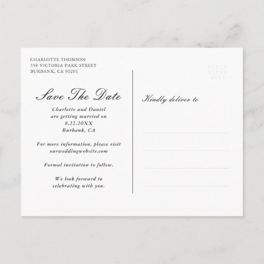 写真モダンコラージュ結婚式の日付の保存 案内ポストカード (裏面)