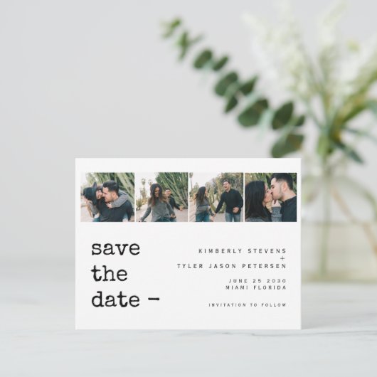 写真モダンコラージュ結婚式の日付を保存 案内ポストカード (スタンド正面)