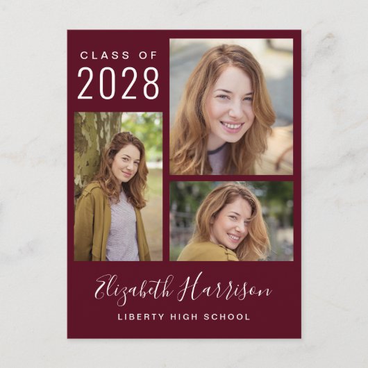 写真モダンコラージュBurgundy卒業 案内ポストカード (正面)