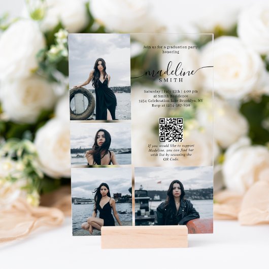 写真モダンコラージュQRコード卒業パーティー アクリル招待状