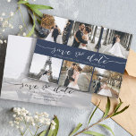 写真モダンコラージュSave the Date Navy Blue セーブザデート<br><div class="desc">この完最高の全な日付を保存するために、あなたの婚約の撮影かお気に入りのあなたの2つの写真から写真を選ぶ。日付を保存した単語はカードに対し与えて個人に対して手書き入力される。前面は6枚の画像で、背面は白いフィルターが付いた大きな画像。この編集は、情報と結婚一緒に日付のカードを保存しカスタマイズて、詳細なフォントとフォントの色のオプションのために。</div>