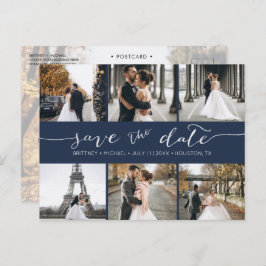 写真モダンコラージュSave the Date Navy Blue 案内ポストカード