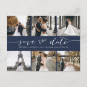 写真モダンコラージュSave the Date Navy Blue 案内ポストカード (正面)
