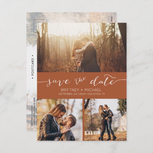 写真モダンコラージュTerracotta日付を保存 シーズンポストカード (正面/裏面)