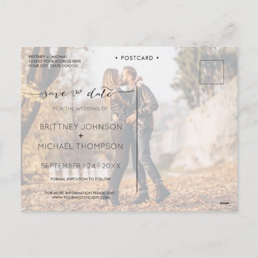 写真モダンコラージュTerracotta日付を保存 シーズンポストカード (裏面)