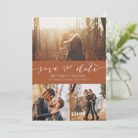 写真モダンコラージュTerracotta日付を保存 案内状 (スタンド正面)