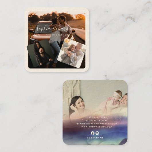写真モダンシグネチャークリームカジュアル4つ スクエア名刺 (正面/裏面)