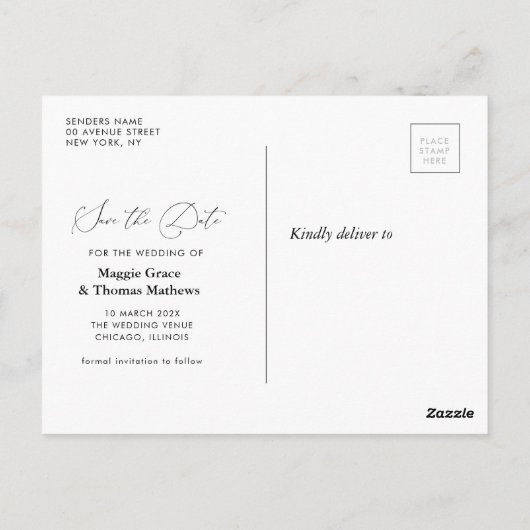 写真モダンシックなスクリプトウェディングの日付を保存 ポストカード (裏面)