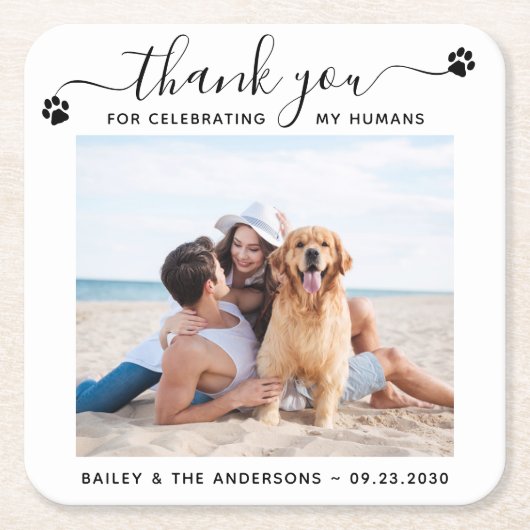 写真モダンスクリプエレガントトありがとうござ結婚う スクエアペーパーコースター (正面)