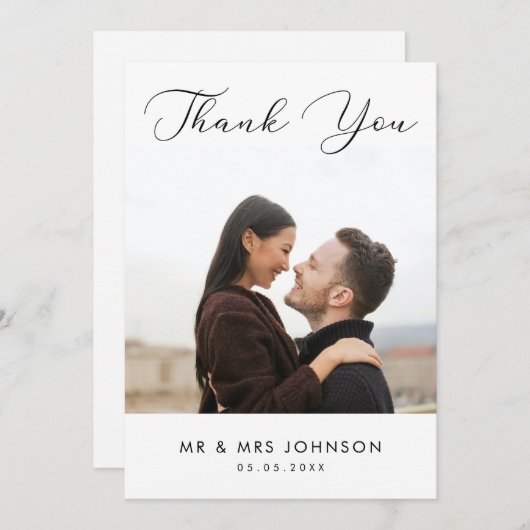 写真モダンスクリプトのミニマリストのプレイ結婚ン サンキューカード (正面/裏面)