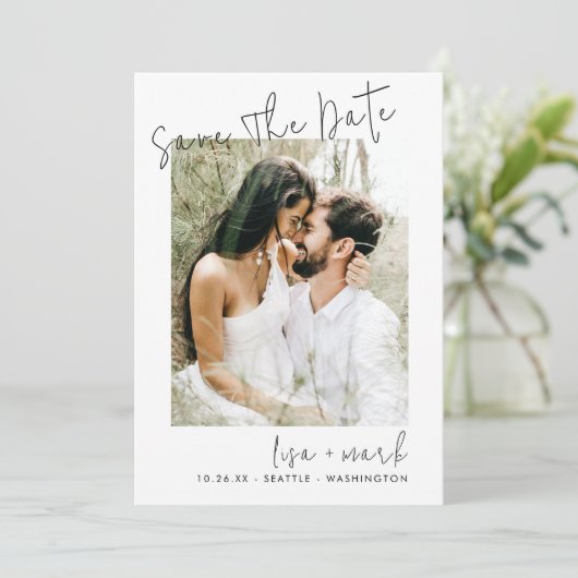 写真モダンスクリプト婚約日付の保存 招待状 (スタンド正面)