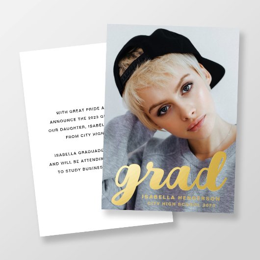 写真モダンスタイリッシュの卒業金ゴールド 箔招待状