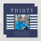 写真モダンスタイリッシュは青い30歳の誕生日 招待状 (正面/裏面)