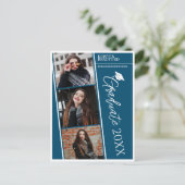 写真モダンストリップ青い卒業発表 ポストカード (スタンド正面)