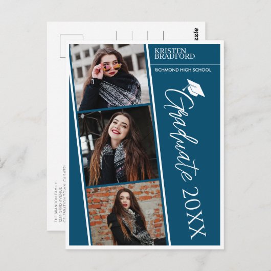 写真モダンストリップ青い卒業発表 ポストカード (正面/裏面)