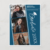 写真モダンストリップ青い卒業発表 ポストカード (正面)