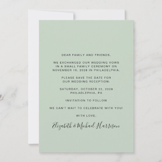 写真モダンセージ結婚式レセプション日付の保存 案内状 (裏面)