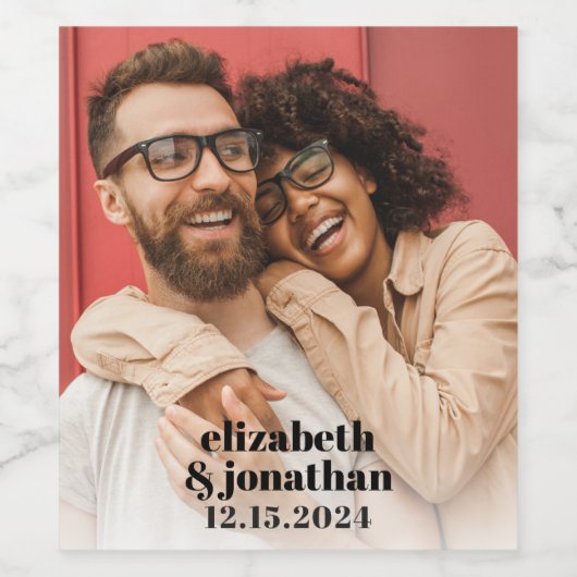 写真モダンタイポグラフィはっきりしたカスタムウェディング ワインラベル (シングルラベル)