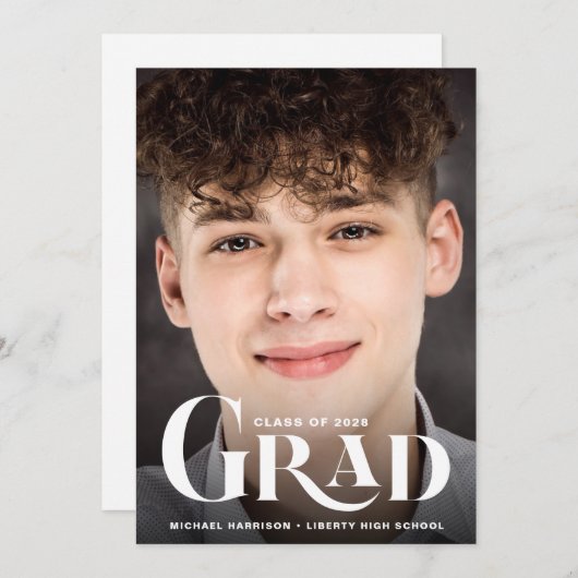 写真モダンタイポグラフィはっきりした卒業 案内状 (正面/裏面)