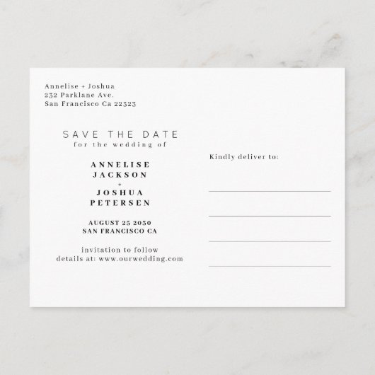 写真モダンタイポグラフィ結婚式の日付を保存 案内ポストカード (裏面)