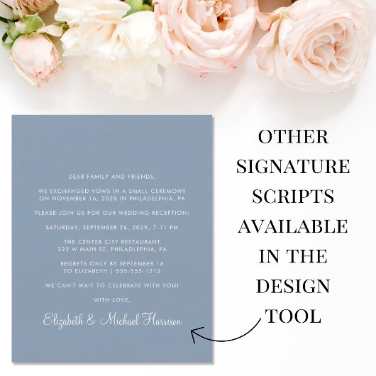 写真モダンダスティブルーウェディングレセプション招待状