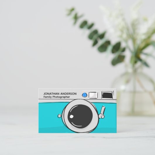 写真モダンティール（緑がかった色）ブルーカメラカメラマン 名刺 (スタンド正面)