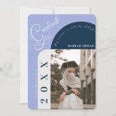 写真モダンネイビはっきりしたーブルーイスラム卒業 招待状 (正面)