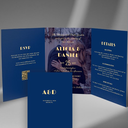 写真モダンネイビーと金ゴールドのrsvpの結婚詳細 三つ折り招待状