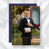 写真モダンネイビーブルーボーイファースト通信金ゴールド 箔招待状