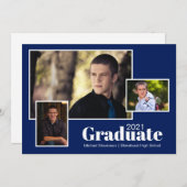 写真モダンネイビーブルー卒業パーティー3 招待状 (正面/裏面)