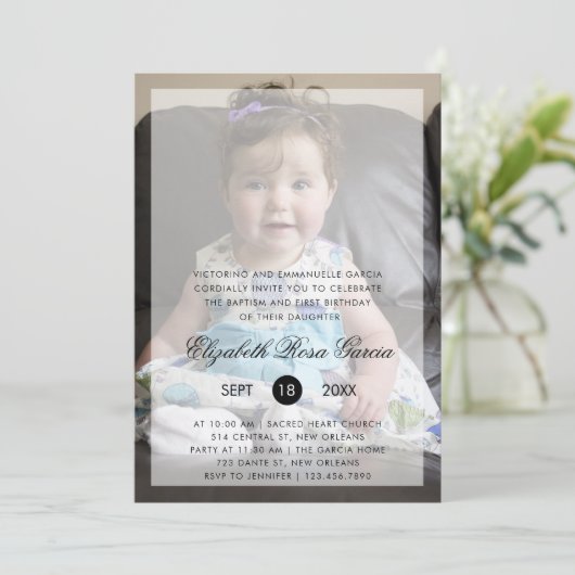 写真モダンバプテスマと最初の誕生日 招待状 (スタンド正面)