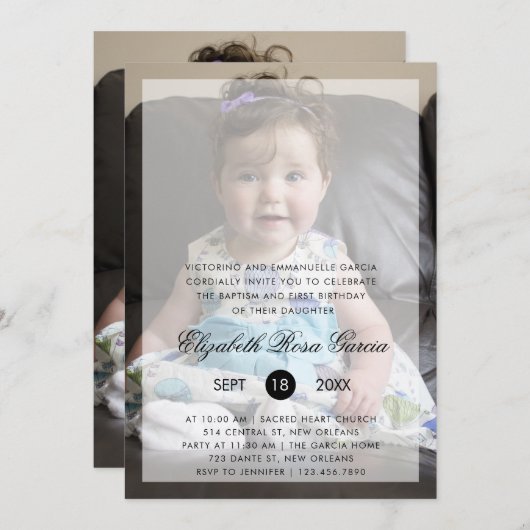 写真モダンバプテスマと最初の誕生日 招待状 (正面/裏面)