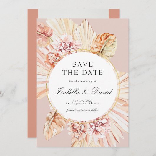 写真モダンパンパスドライド砂漠Invの日付を保存 招待状 (正面/裏面)