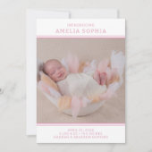 写真モダンピンクの女の子の誕生のお知らせ 招待状 (正面)