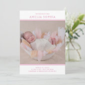 写真モダンピンクの女の子の誕生のお知らせ 招待状 (スタンド正面)