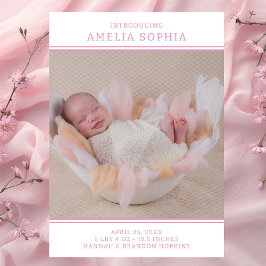 写真モダンピンクの女の子の誕生のお知らせ 招待状