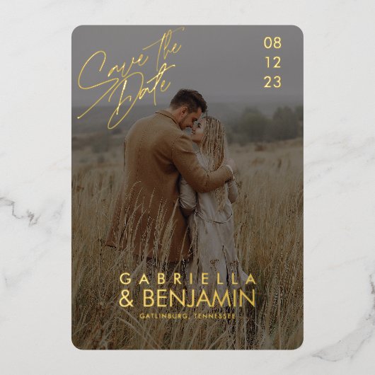 写真モダンフォイル結婚式の日付カードを保存 箔招待状 (正面)