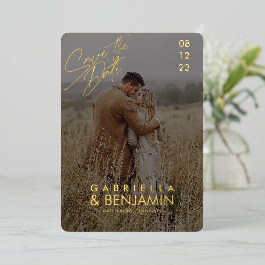 写真モダンフォイル結婚式の日付カードを保存 箔招待状 (立ち正面)