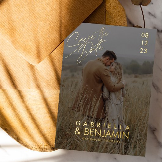 写真モダンフォイル結婚式の日付カードを保存 箔招待状