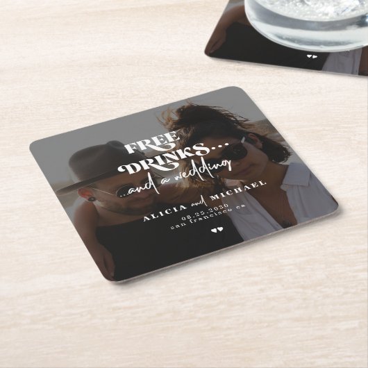 写真モダンフリー飲み物の結婚式の日付を保存 スクエアペーパーコースター (アングル)