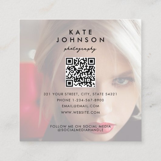 写真モダンフルフォトQRコードソーシャルメディア スクエア名刺 (裏面)