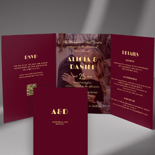 写真モダンブルゴーニュ金ゴールドrsvp詳細結婚s 三つ折り招待状