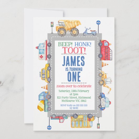 写真モダンボーイズ道路交通の最初の誕生日 招待状 (正面)