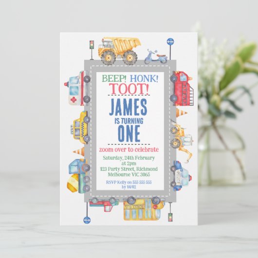 写真モダンボーイズ道路交通の最初の誕生日 招待状 (スタンド正面)