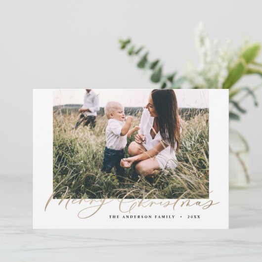 写真モダンミニマルのクリスマスエレガント金ゴールド シーズンカード (スタンド正面)